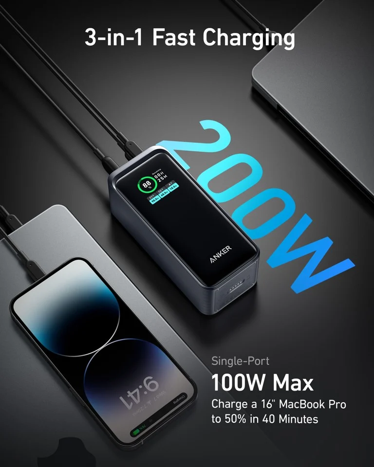 Anker - Prime - Power Bank - 20.000mAh (200W), Sort