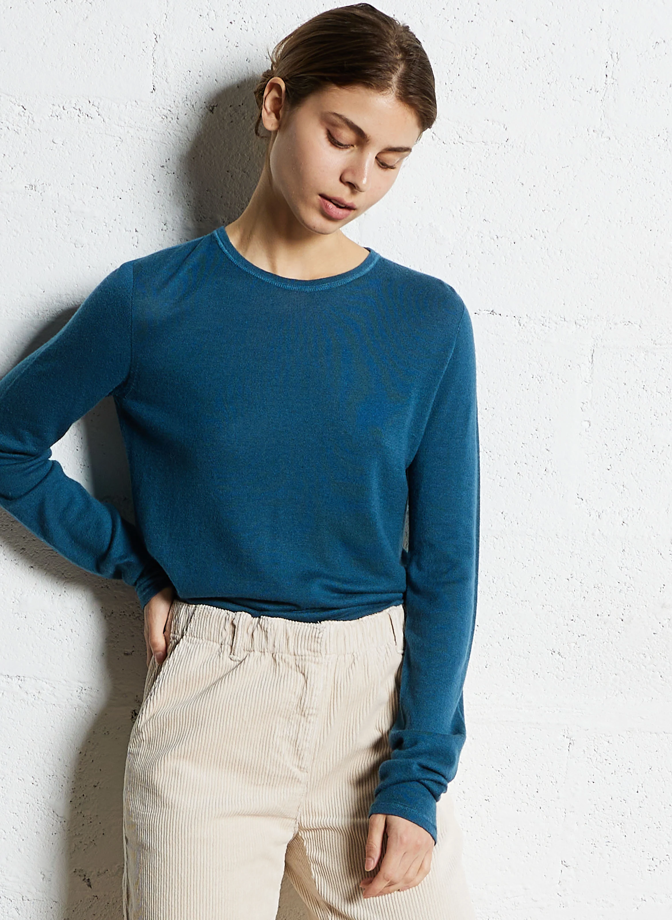 Pull fin col rond en cachemire | Bleu