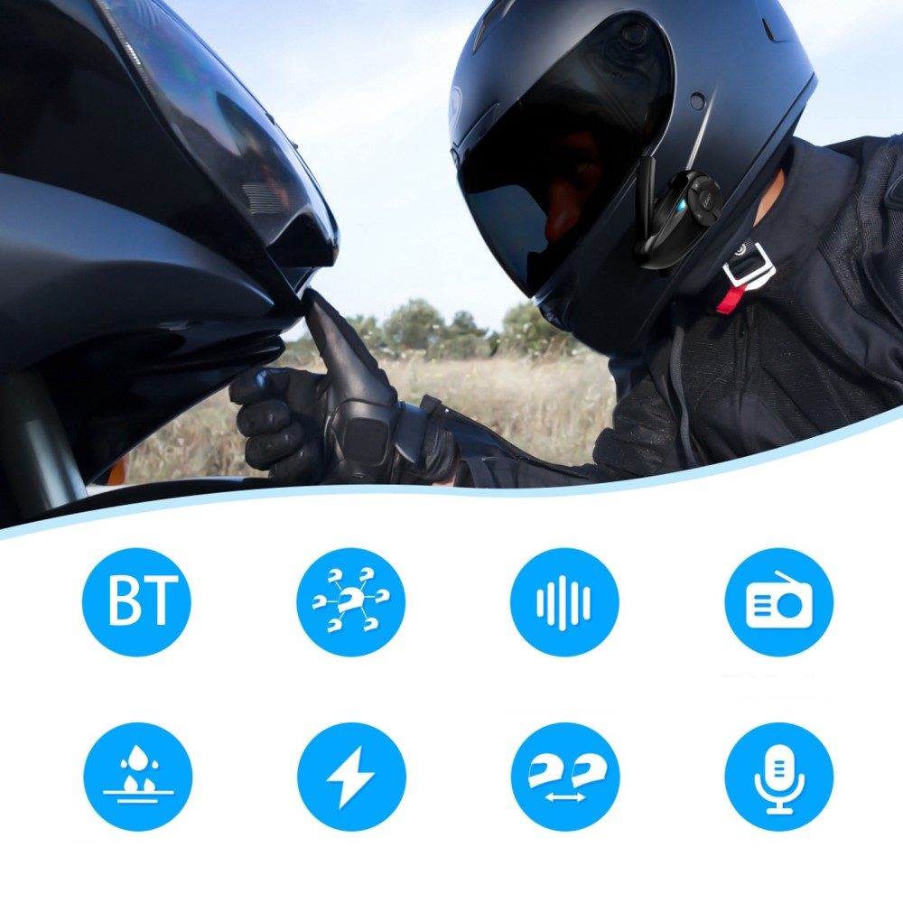 Spritzwasserfestes (IP65) Motorrad Helm Intercom Bluetooth Headset FM Radio 800m Reichweite (bis zu 7 Benutzer)