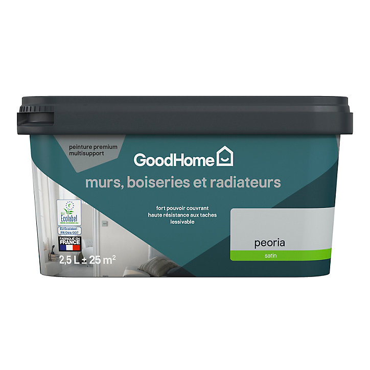 Peinture intérieure couleur murs, boiseries et radiateurs GoodHome satin peoria gris 2.5L