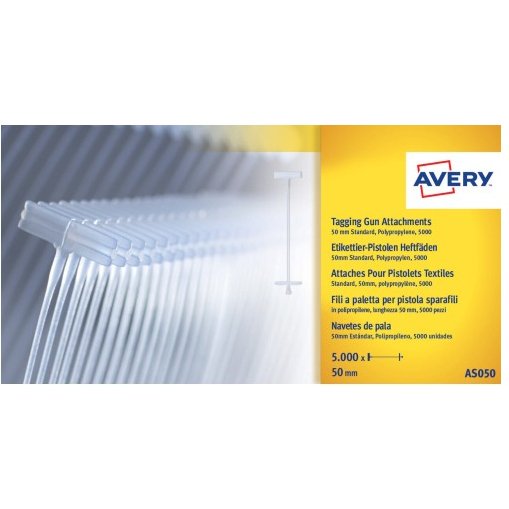 Attache polypropylène transparente longueur 50 mm Avery pour pistolet textile - Boîte de 5000