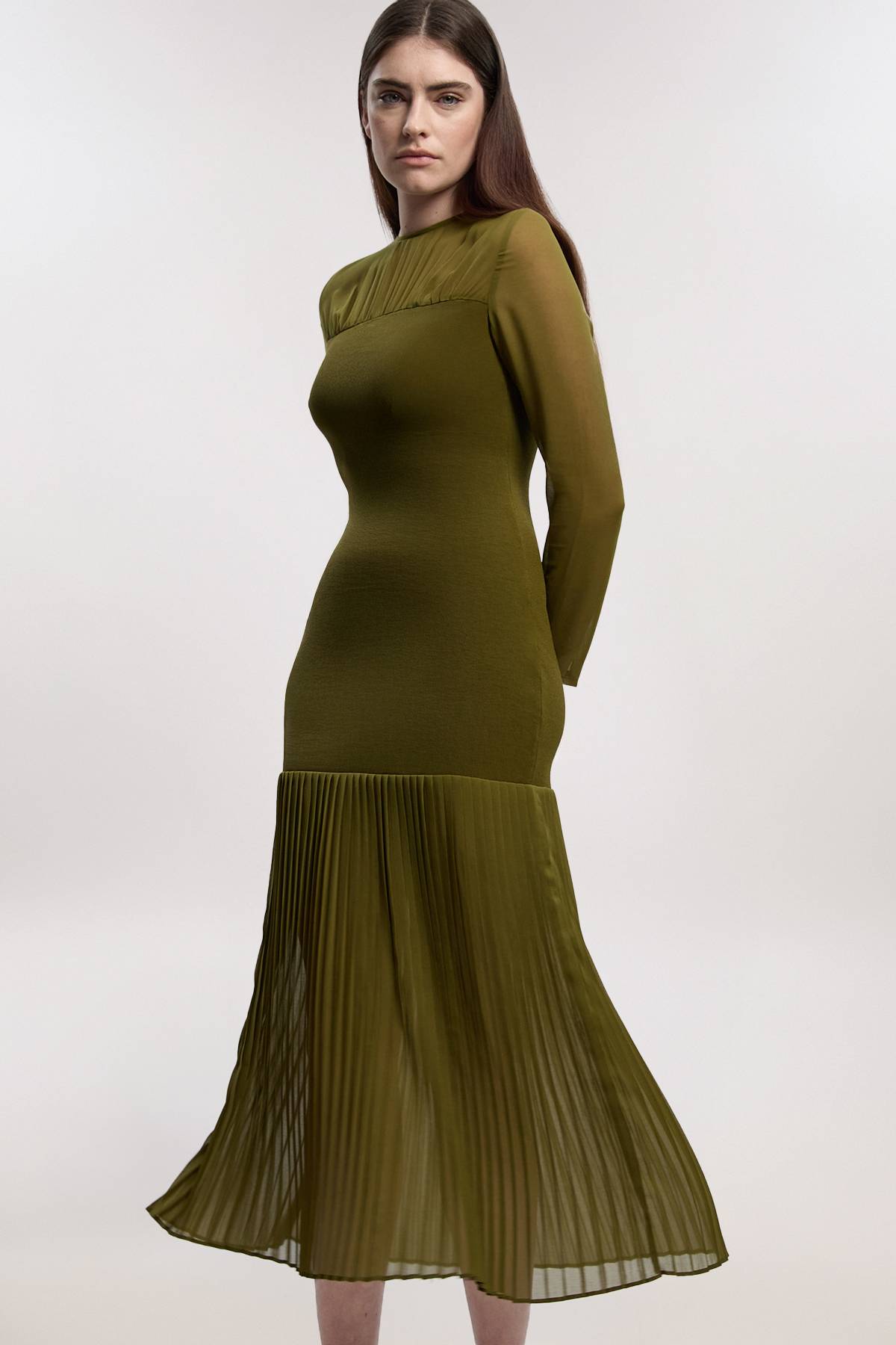 KarenMillen Robe Midi Plissée Petite Taille en Mélange Tissé-Tricot