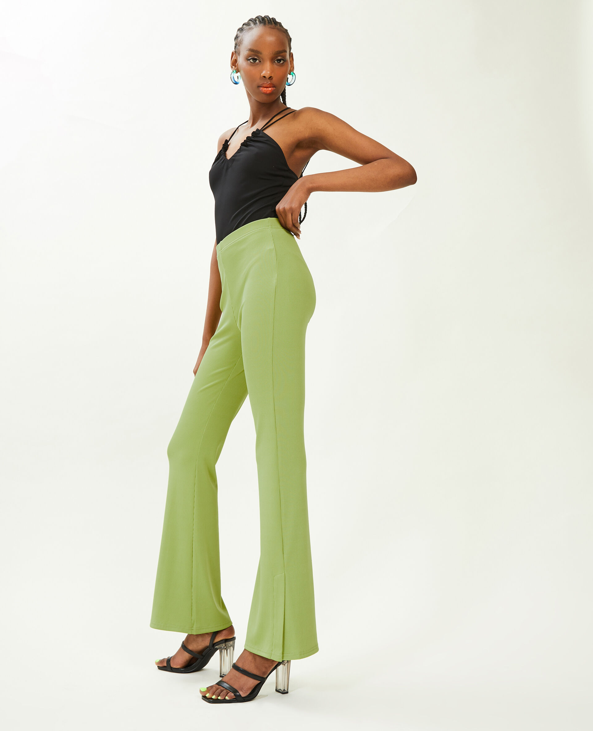 Pantalon flare en maille côtelée - Vert kaki