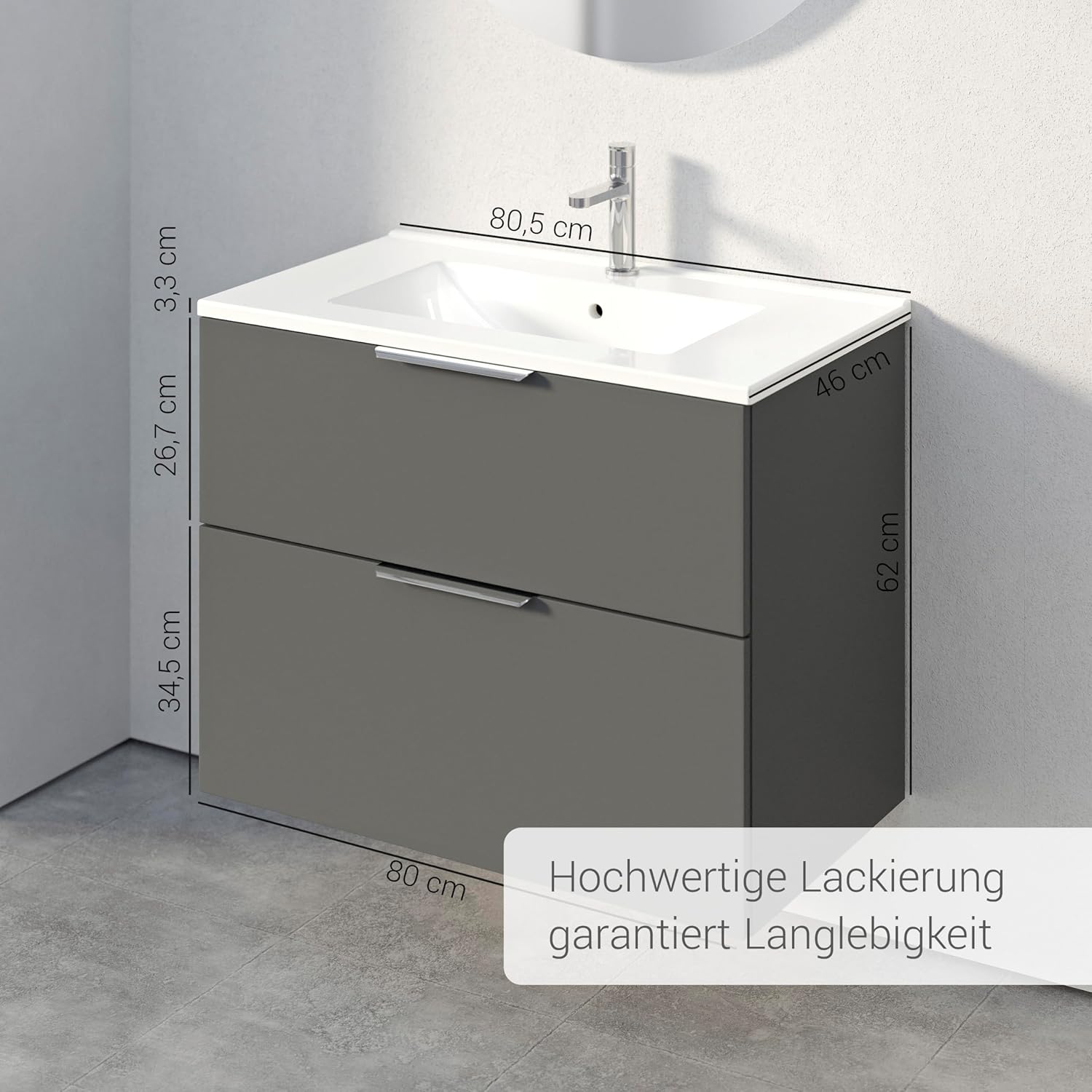 BERNSTEIN Badmöbel-Set Tim 80cm Waschbeckenunterschrank mit Waschtisch, Unterschrank in Anthrazit matt, Griffe in Chrom,Keramik-Waschbecken vormontierter Unterschrank, feuchtigkeitsresistent