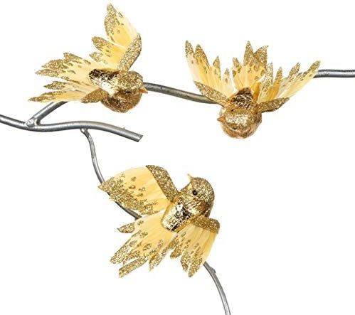 Goodwill - Kerstversiering - Goud - Glitter Veer Vogel op een Clip - 10 cm - Set van 3