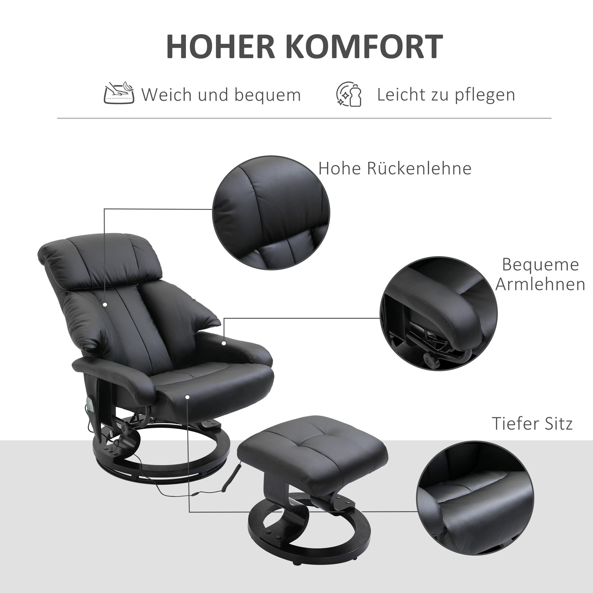 HOMCOM Massagesessel mit Fußhocker und Liegefunktion schwarz 76L x 80B x 102H cm