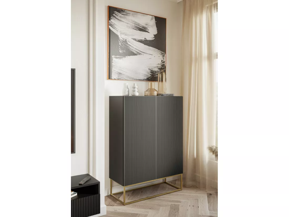 Commode haute à deux portes - 90 cm - noir - VELDIO