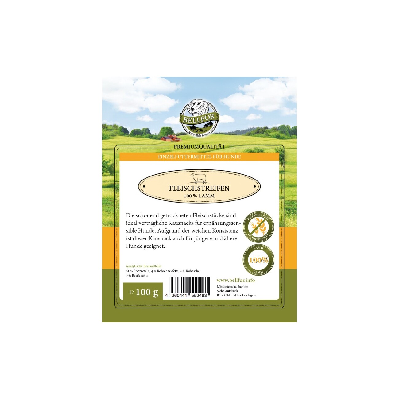 Bellfor Hundesnack - Fleischstreifen Lamm - 100g