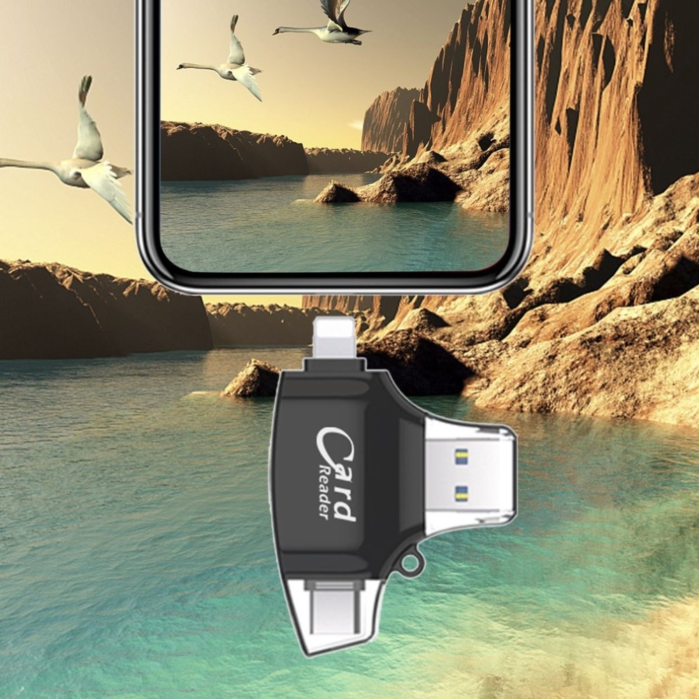 4in1 USB Mini Kartenlesegerät Card Reader Lightning / Micro USB / USB C / MicroSD & SD Karte - Schwarz