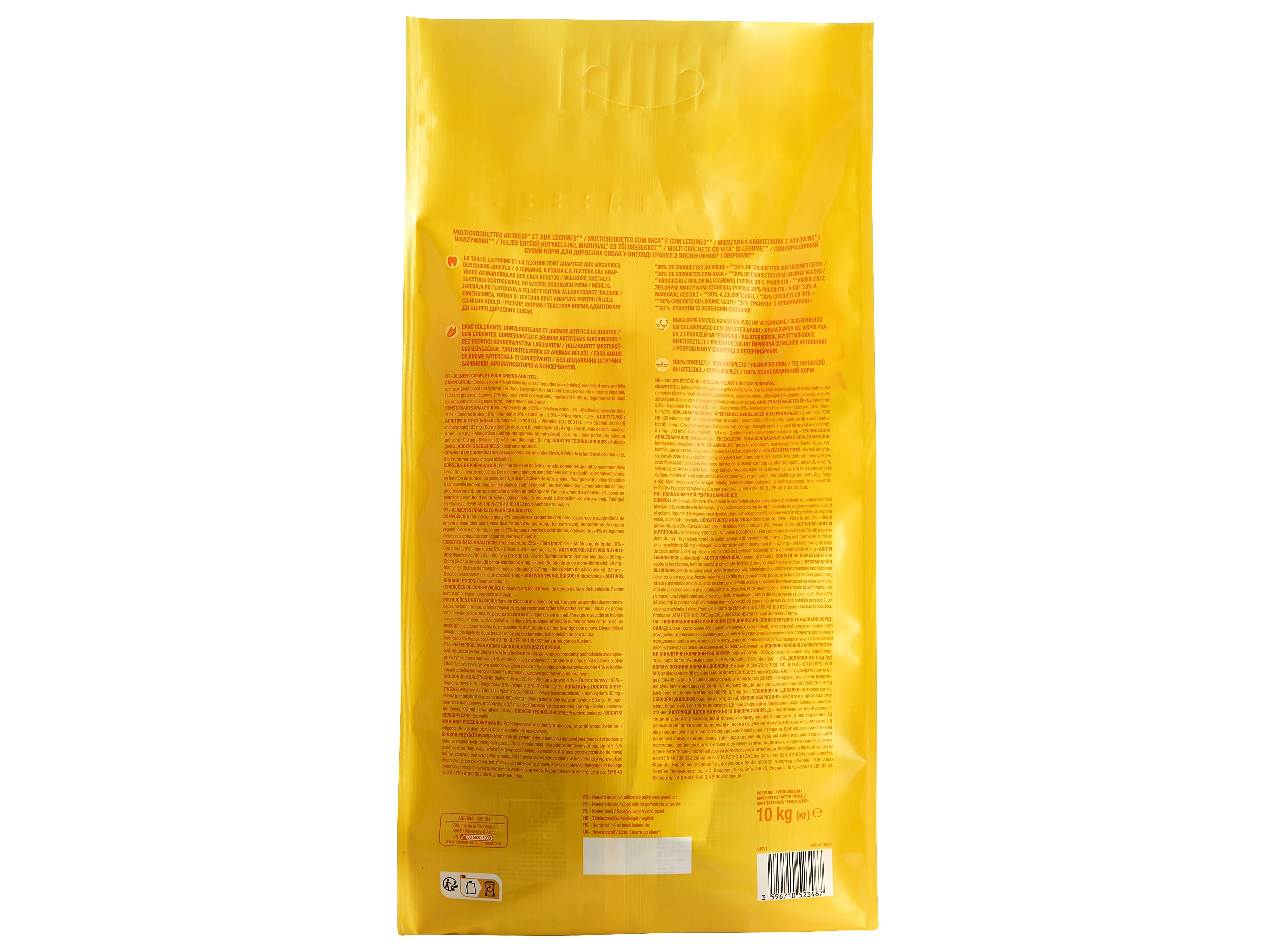 RAÇÃO PARA CÃO AUCHAN VACA E LEGUMES 10KG