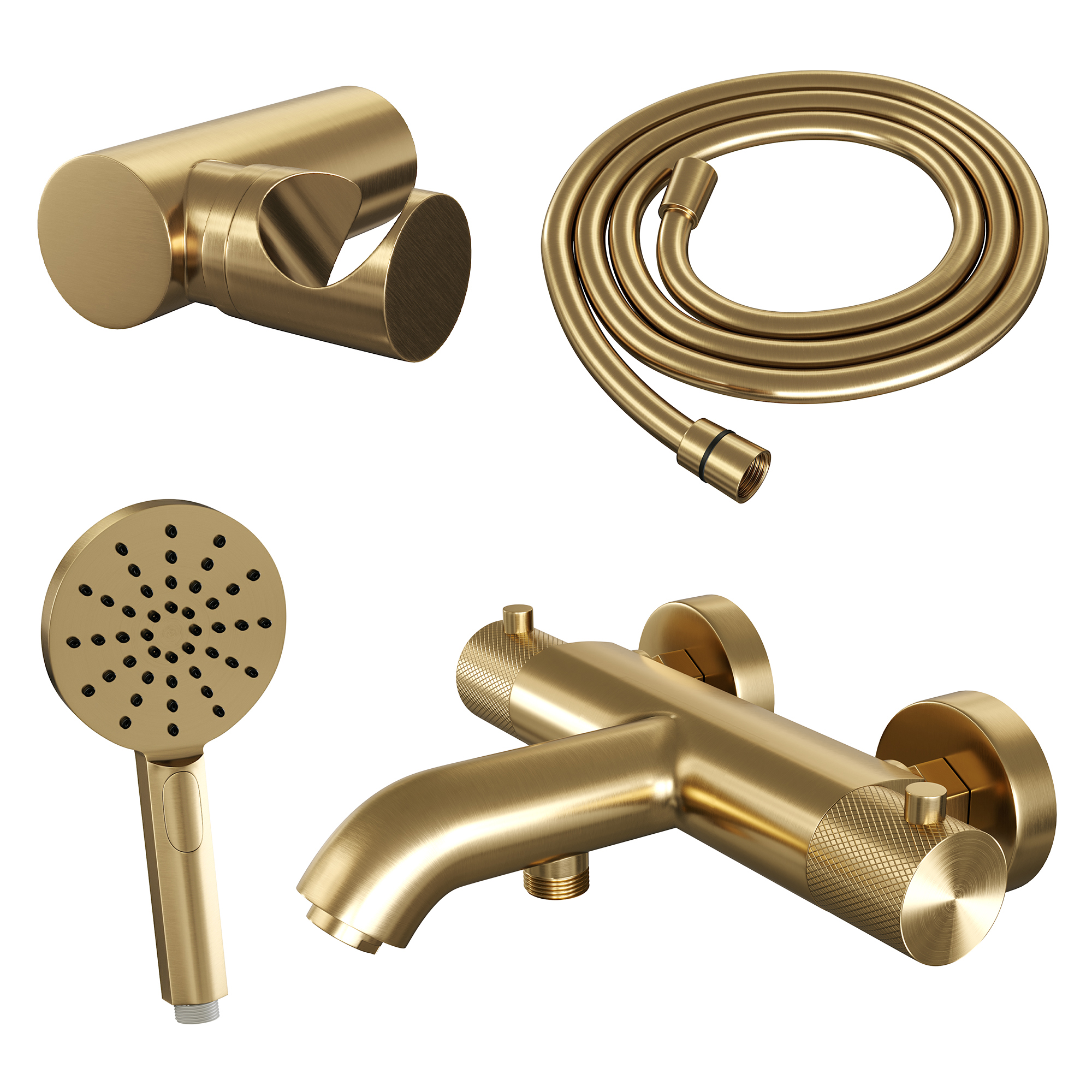 Brauer Gold Carving thermostatische badkraan met wandhouder en 3 standen handdouche geborsteld messing PVD