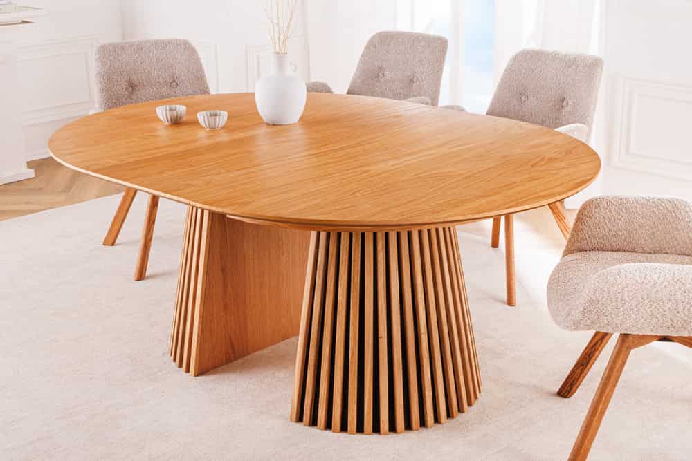 Ausziehbarer Esstisch VALHALLA WOOD 120-160-200cm natur Eichenholz oval Säulenfuß