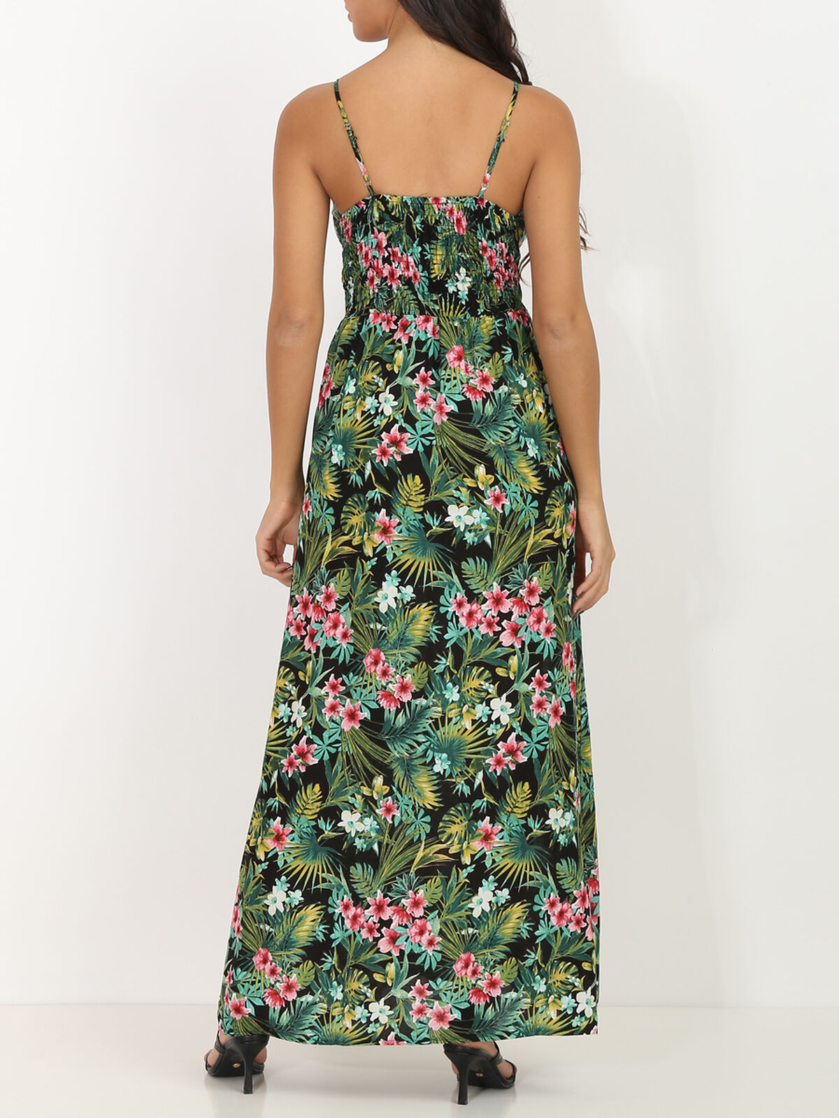 Robe longue à bretelles et motif tropical- Noir