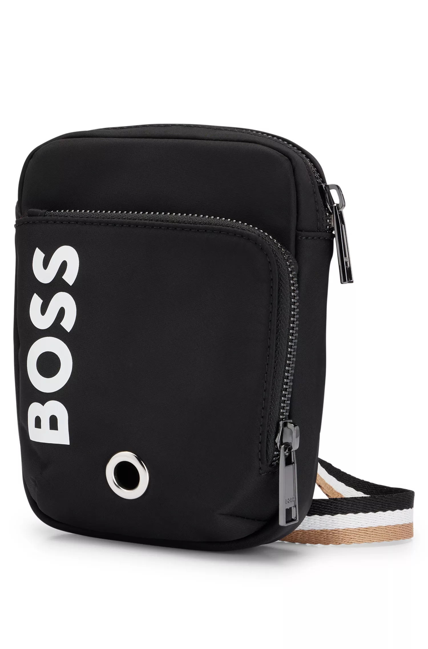 Bolsa transversal preta BOSS para passear com o cachorro, com logotipo contrastante.