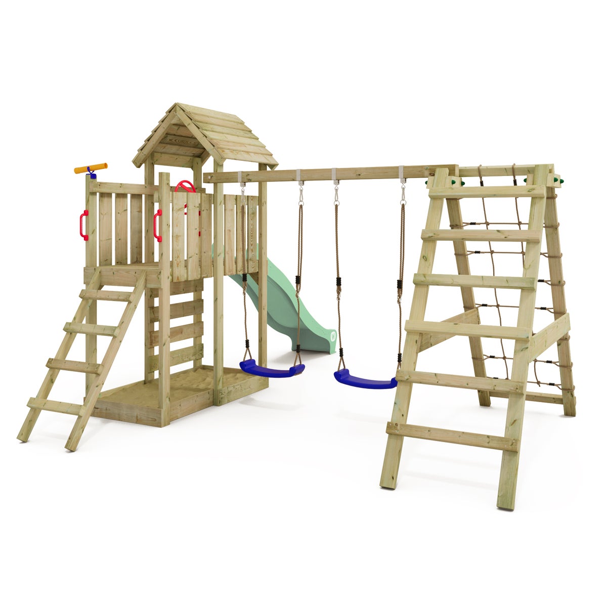 WICKEY RocketFlyer speeltoren klimrek met schommel en glijbaan, klimtoren met zandbak, klimuitbreiding en speelaccessoires – pastelgroen