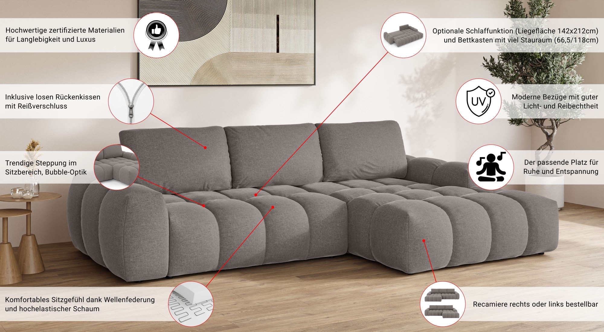 GOODproduct Ecksofa »AZITA klein optionale Schlafsofa mit Bettkasten, B/T/H: 270/166,5/84cm« L-Form mit Wellenunterfederung, Bubble-Optik