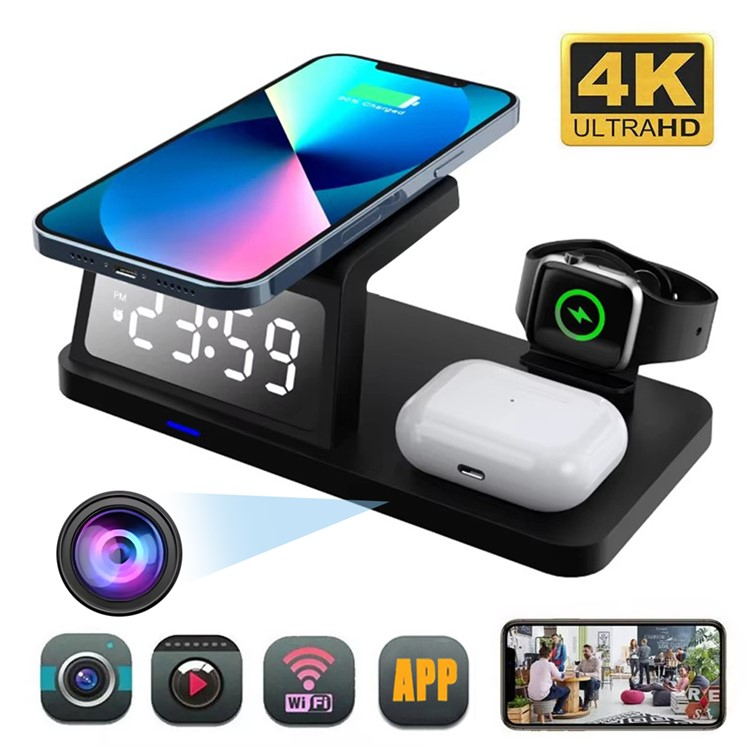 (15W) 3 in 1 Ladestation für iPhone / Apple Watch und AirPods mit eingebauter 4K-Kamera / Wecker-Funktion und microSD-Slot (iOS/Android) - Schwarz