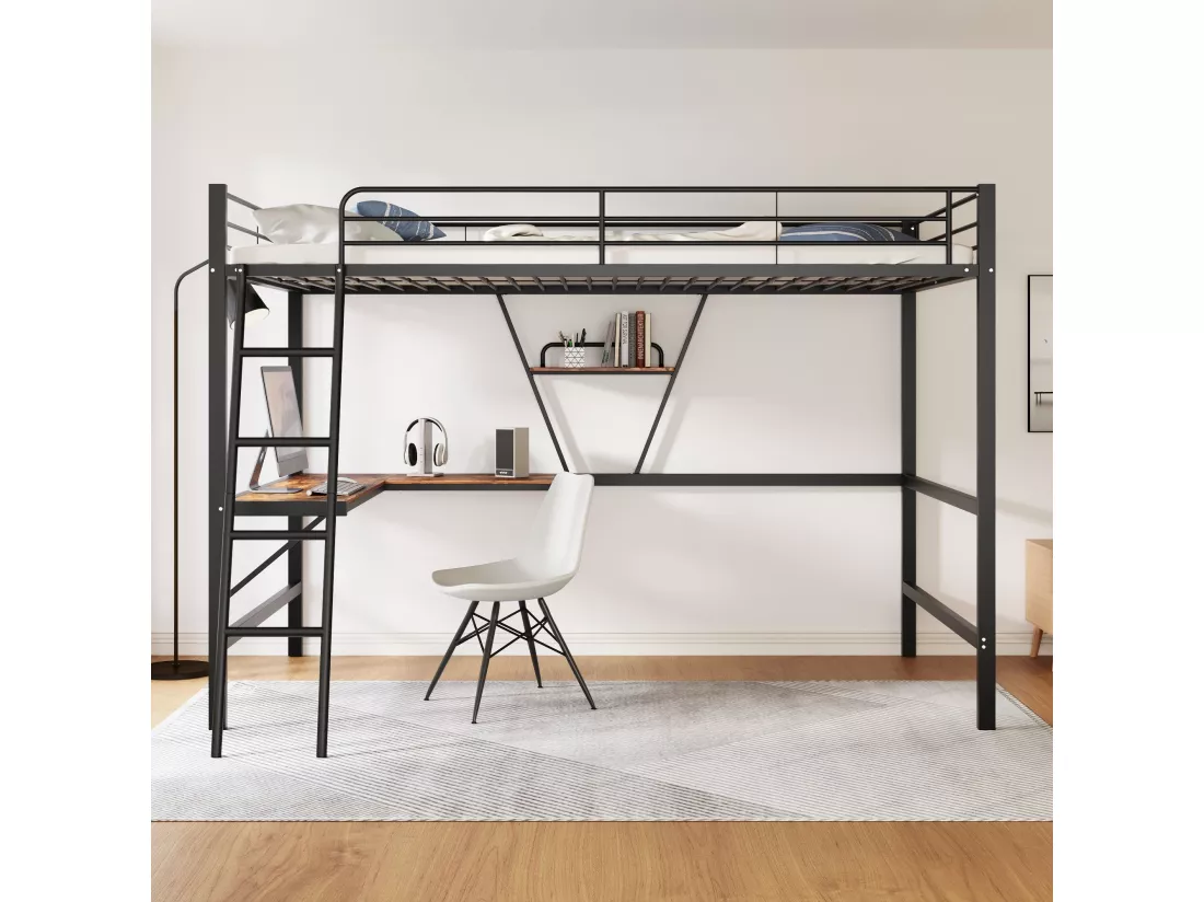 90x200cm cadre de lit lit lit en métal, lit mezzanine avec table en l et étagères pour enfants, adolescents et adultes, noir