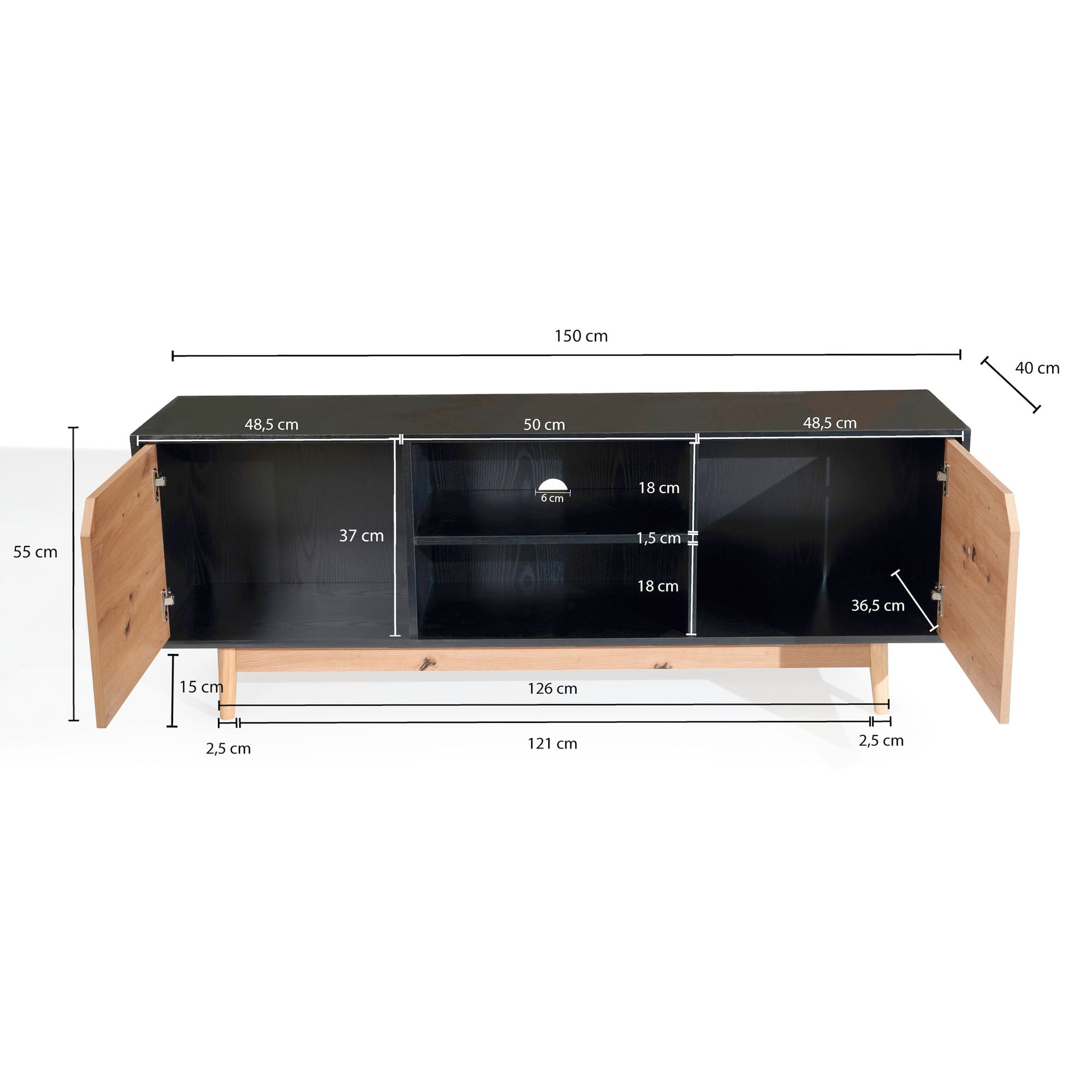 Lowboard 150 x 55 cm Schwarz/Eiche-Dekor