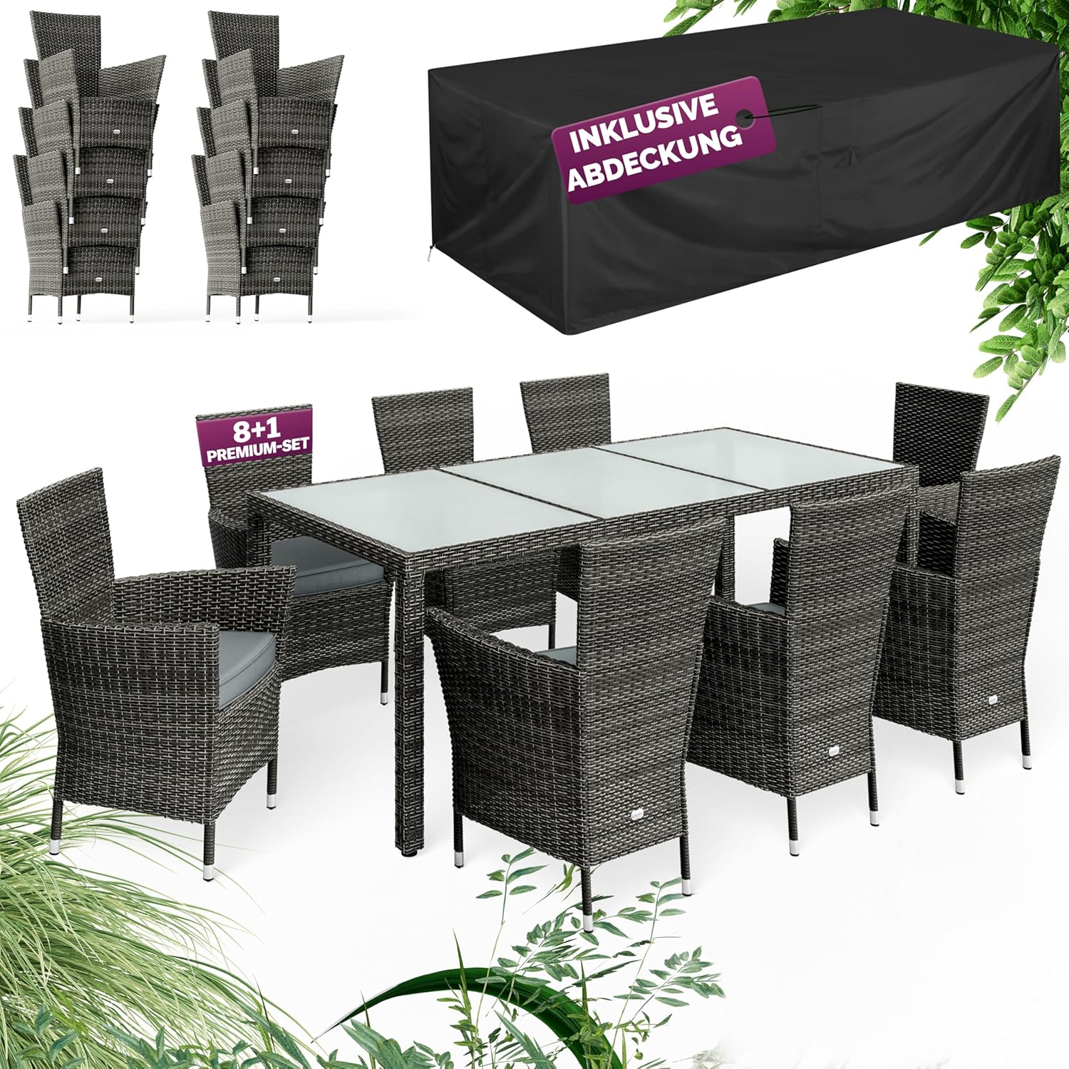 Casaria® Gartenmöbel Set 8 Personen Stühle inkl. 7cm Polster & Abdeckung Tisch 190x90cm 160kg Belastbar Wetterfest Polyrattan Stapelbar Terrasse Möbel Grau
