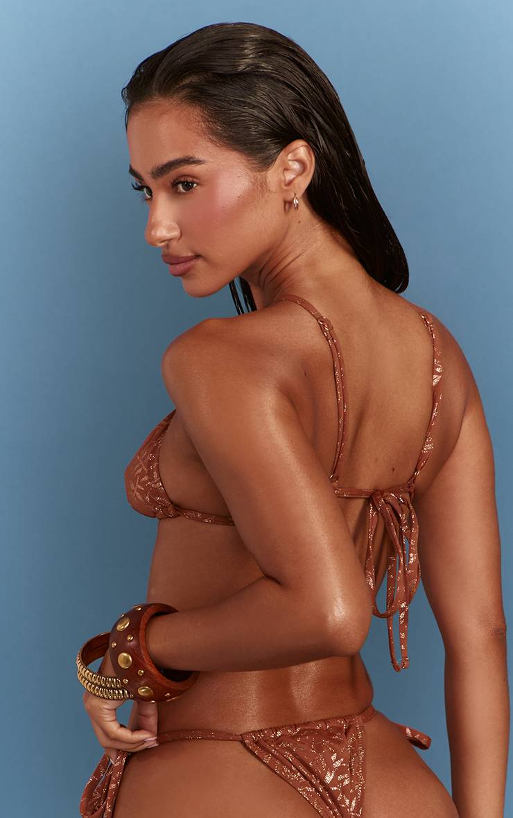 Orange Bas De Bikini À Imprimé Palmier Métallisé Avec Liens Sur Les Côtés