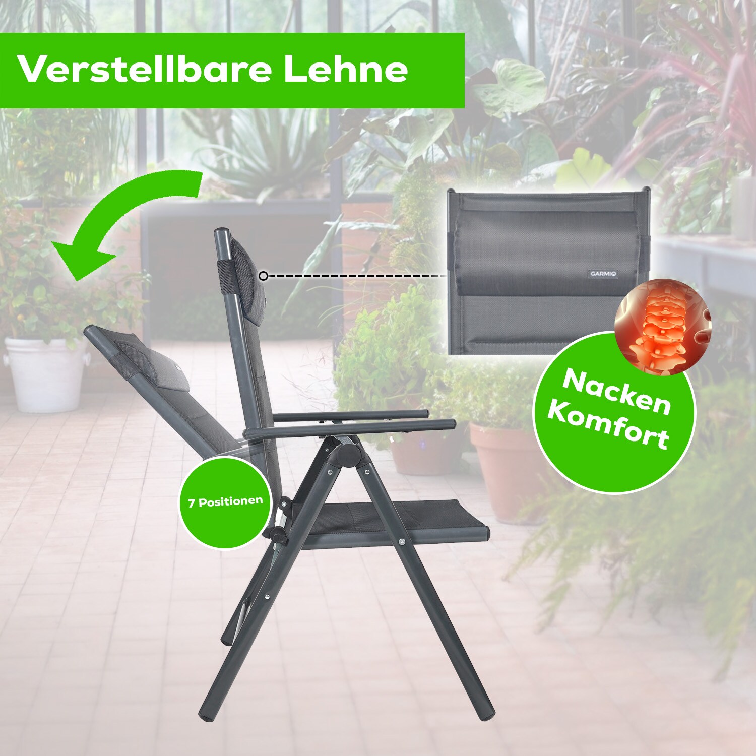 GARMIO® Gartenstuhl Balkonstuhl FLORENZ anthrazit, 7-fach verstellbar, klappbar, inkl. Nackenkissen, für Terrasse