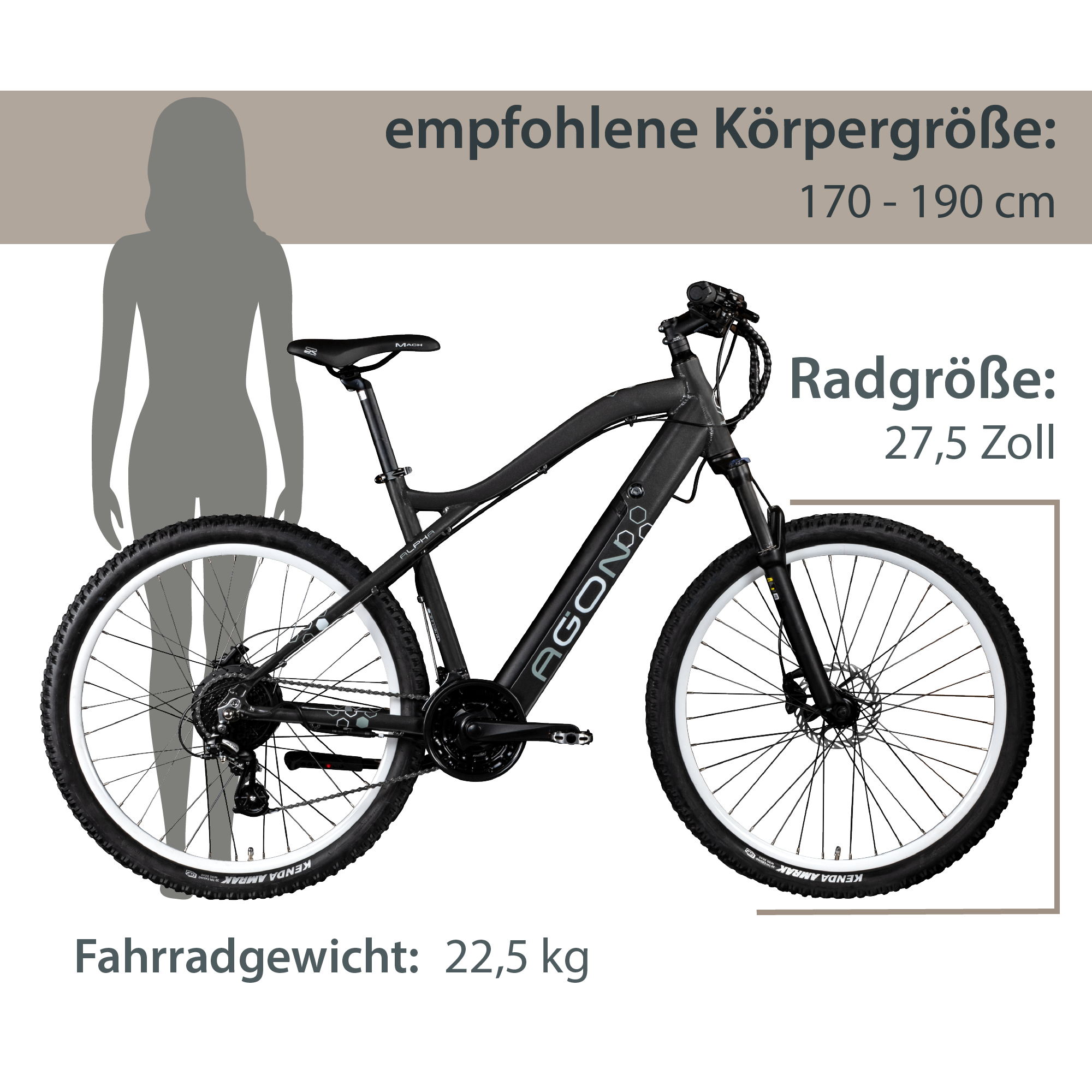 Agon Alpha E Bike Mountainbike Herren oder Damen 170 - 190 cm Pedelec 27,5 Zoll dunkelgrau