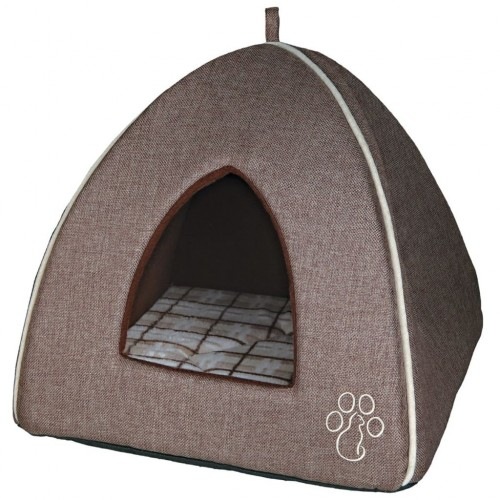 Cama marrom em formato de iglu para gatos