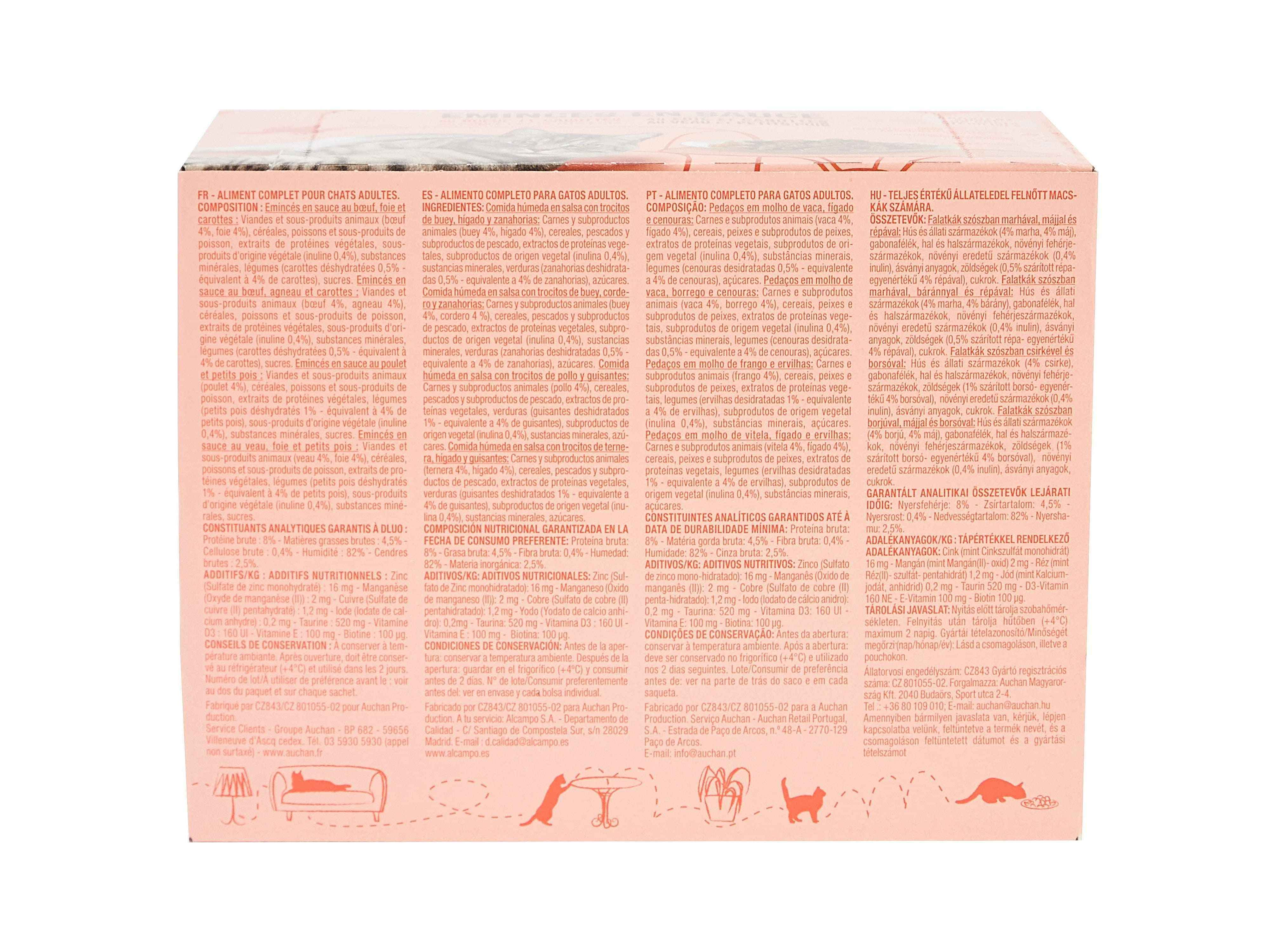 COMIDA HÚMIDA PARA GATO AUCHAN SAQUETAS PEDAÇOS EM MOLHO CARNES 12X100G