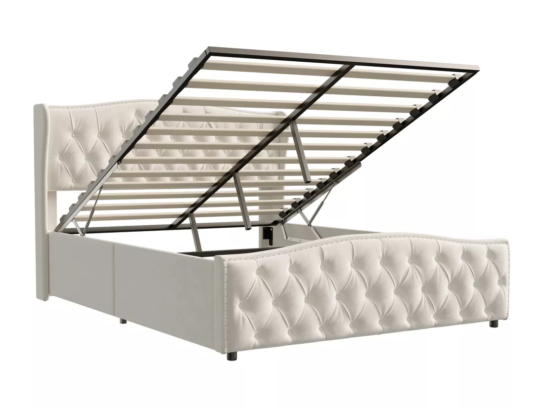 lit coffre 160x200,lit capitonné avec sommier à lattes，velours,beige
