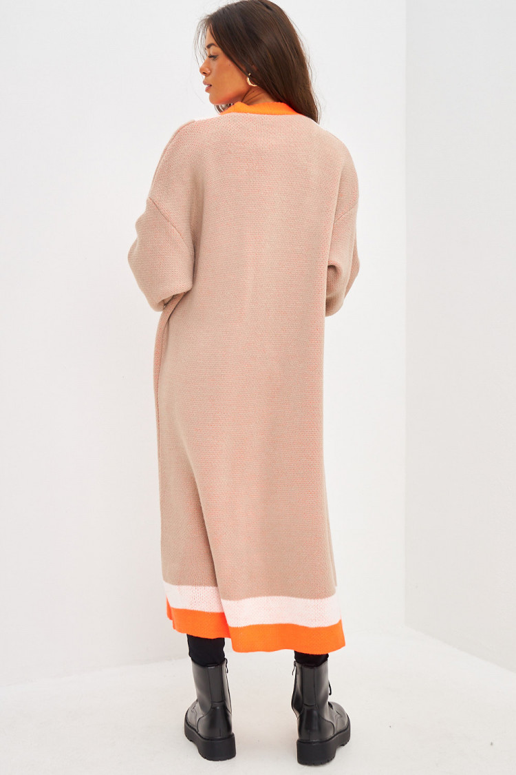 Gilet long en mailles beige à bande orange