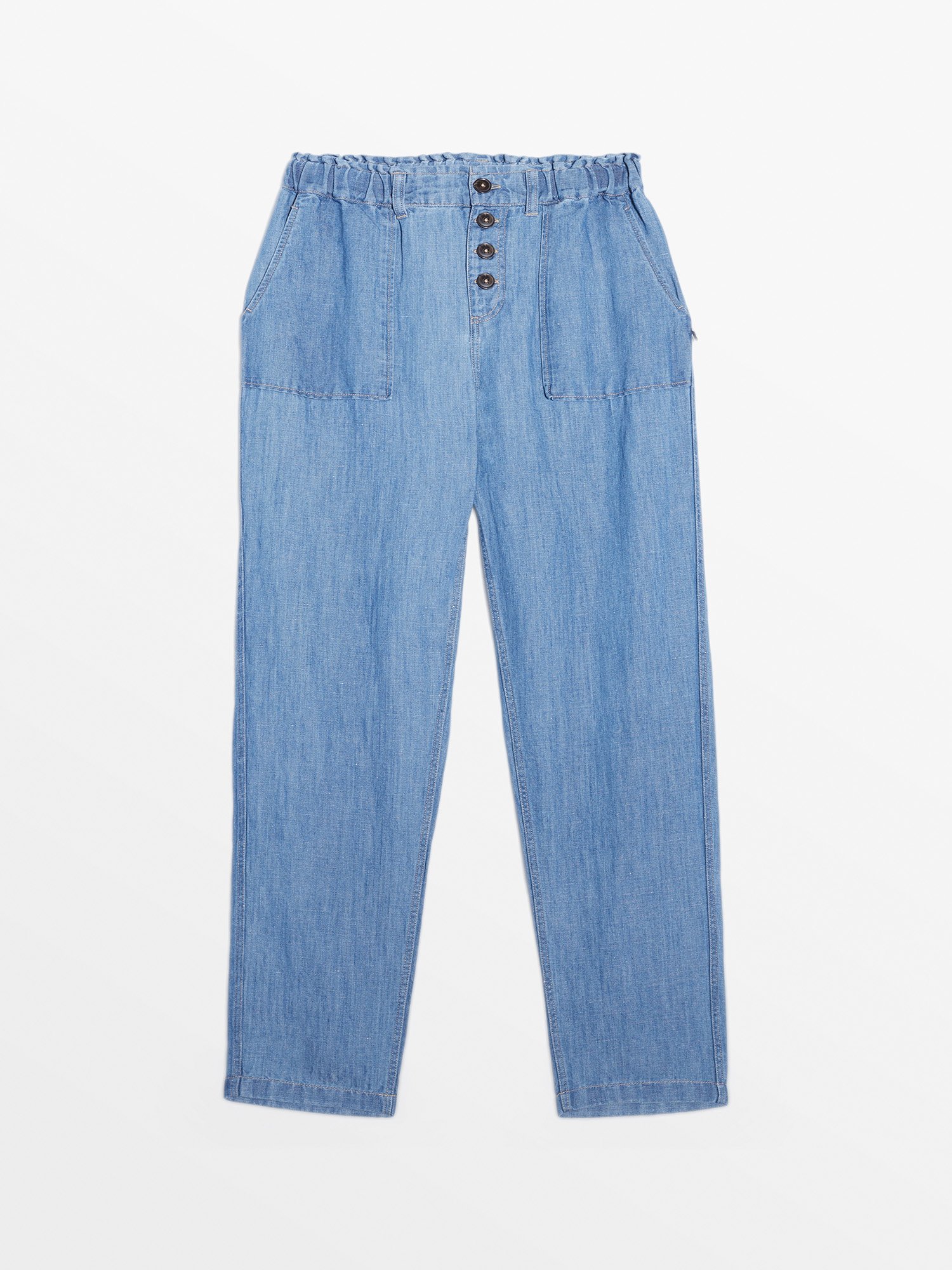 Pantalon Femme En Lin Ceinture Elastiquée Bleu