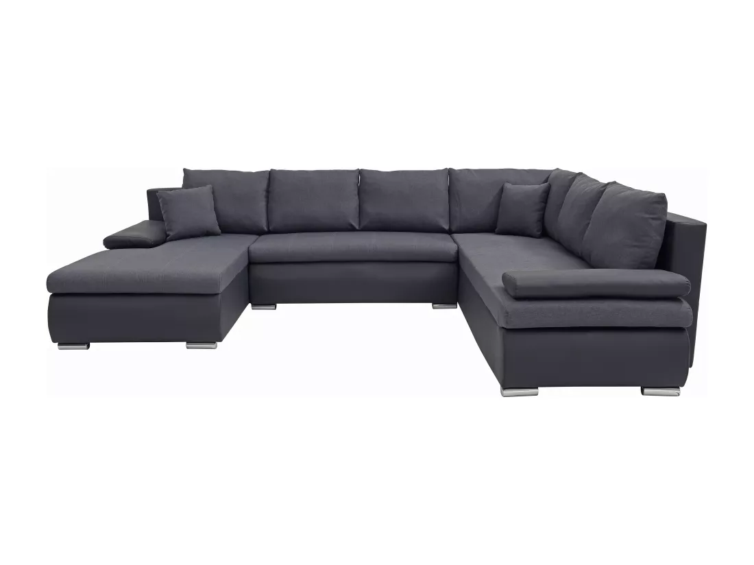 Canapé d'angle gauche panoramique convertible en simili et tissu noir et gris anthracite DAKOTA II