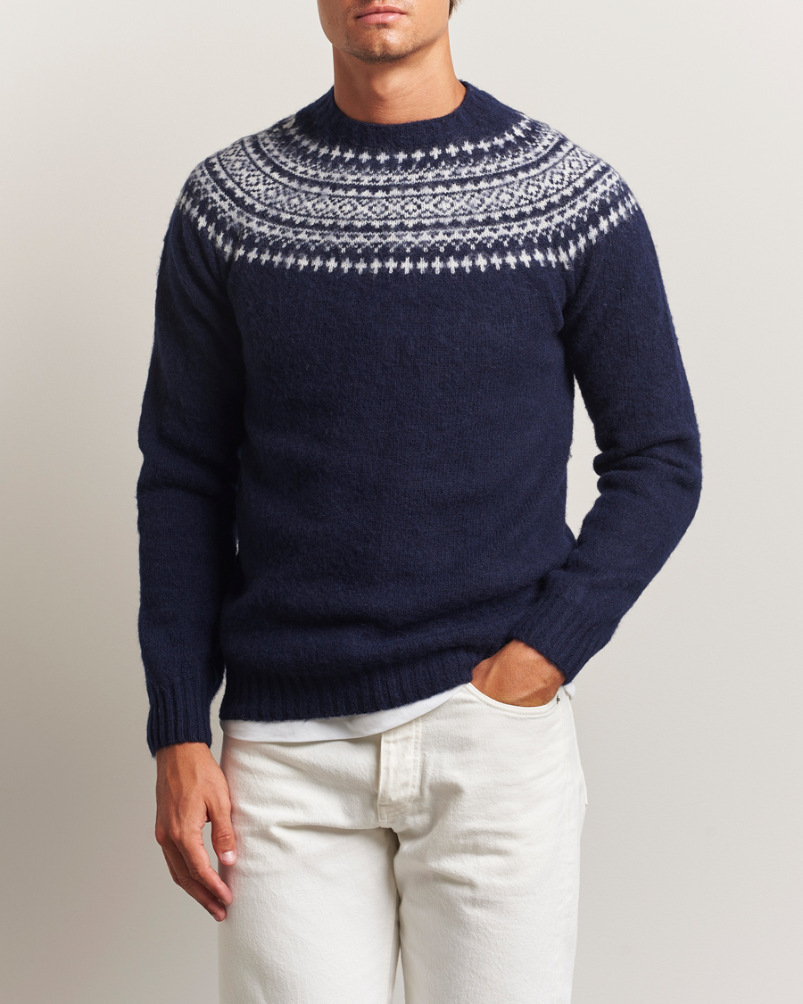 Harley Of Scotland Brushed Supersoft Lambswool Yolk Fairisle Navy