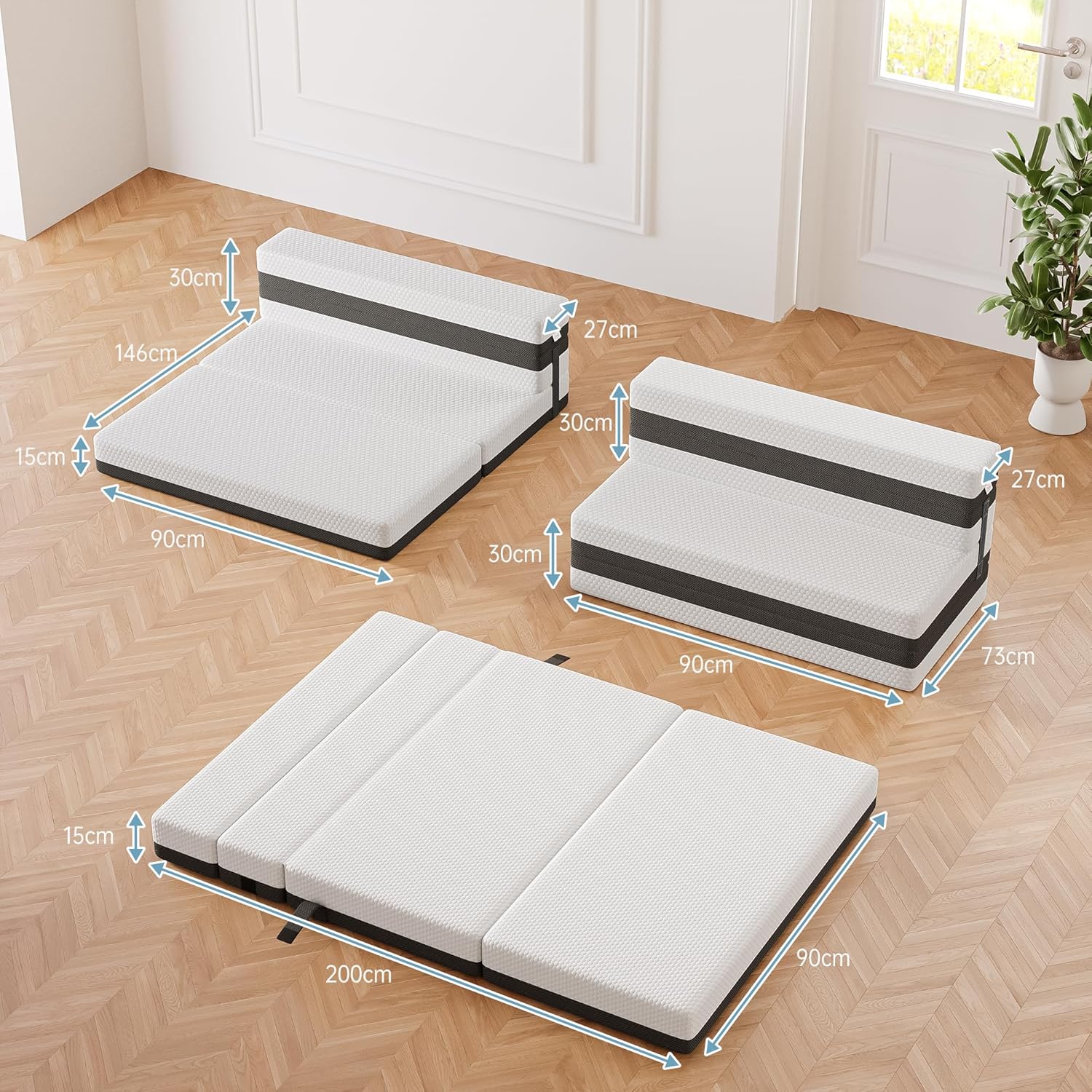 TeQsli Gel Klappmatratze 15 cm Höhe, Gästematratze, 4-teilige Faltmatratze & 3-in-1 Schlafsofa mit waschbarem und abnehmbarem Bezug, Öko-Tex & CertiPUR Zertifiziert (90x200x15cm)