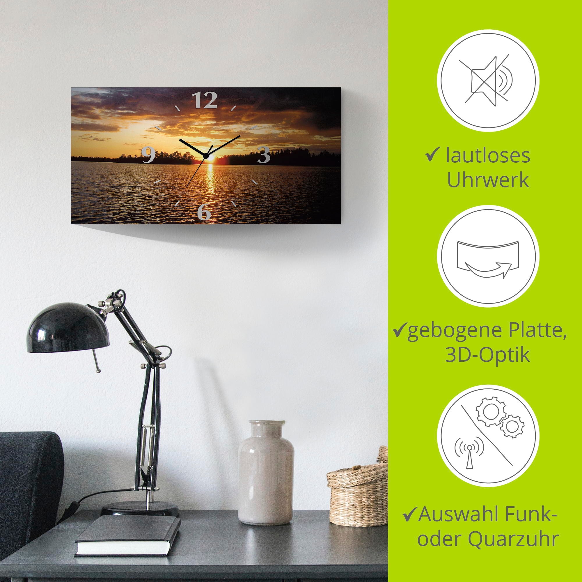 Artland Wanduhr »Sonnenuntergang am See« 3D Optik gebogen, mit Quarz- oder Funkuhrwerk, versch. Grössen