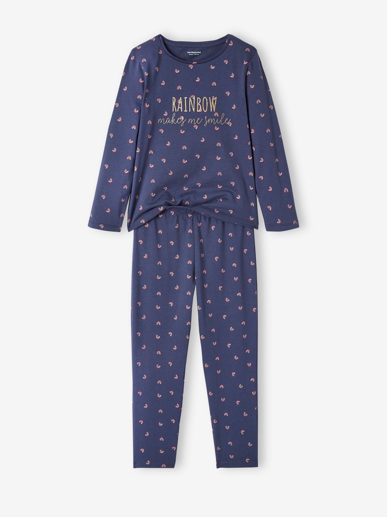 Conjunto com 2 pijamas arco-íris, tamanho médio infantil, lisinhos violeta com estampas.