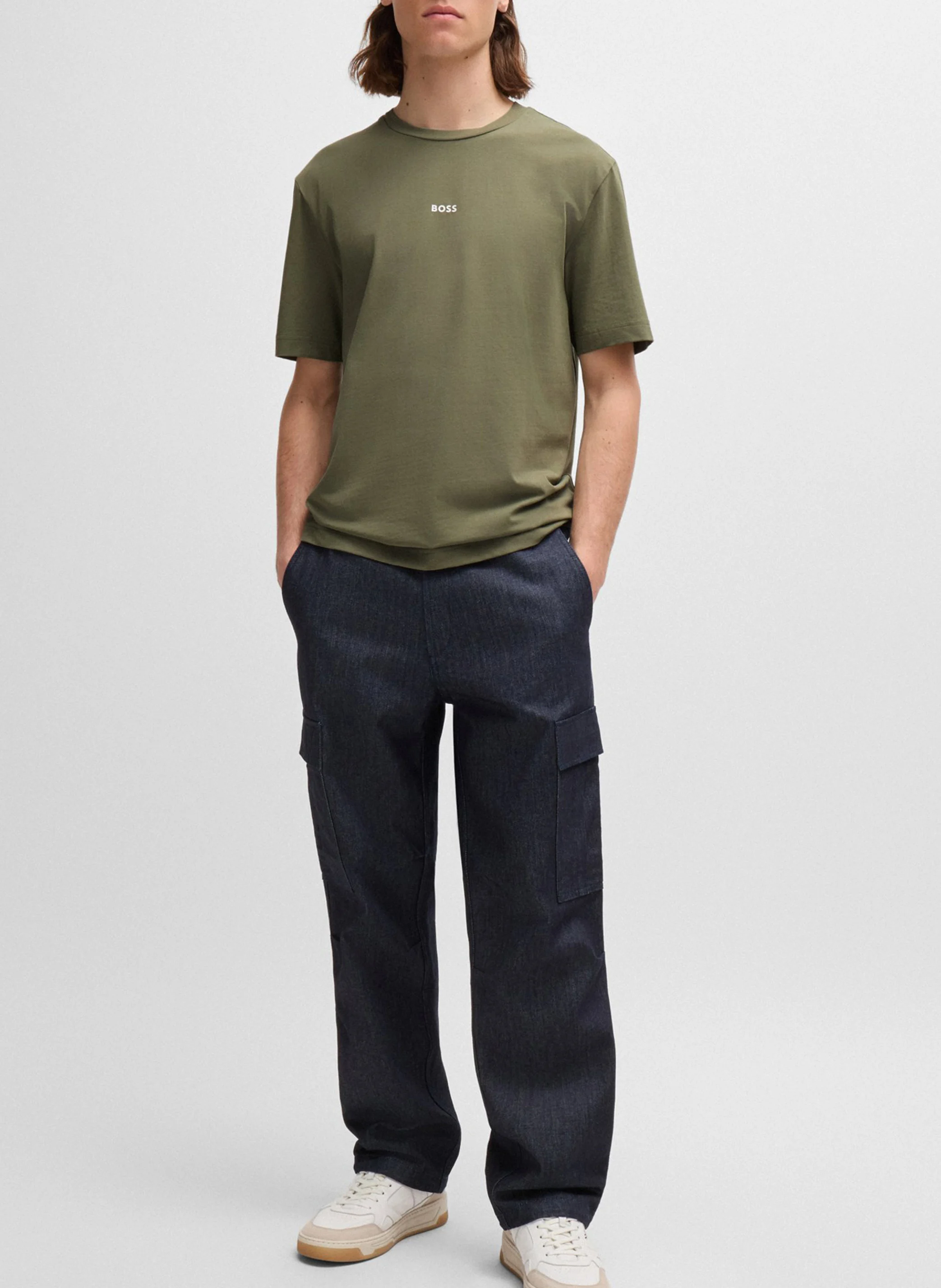 Tee-shirt col rond en coton mélangé| Kaki