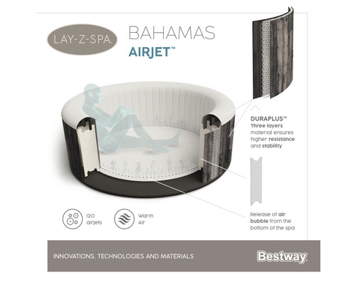 Bestway® LAY-Z-SPA® Bahamas AirJet™ opblaasbare hottub met 120 luchtjets, multifunctionele pomp, geïntegreerde verwarming en afsluitbare thermische afdekking, grijs