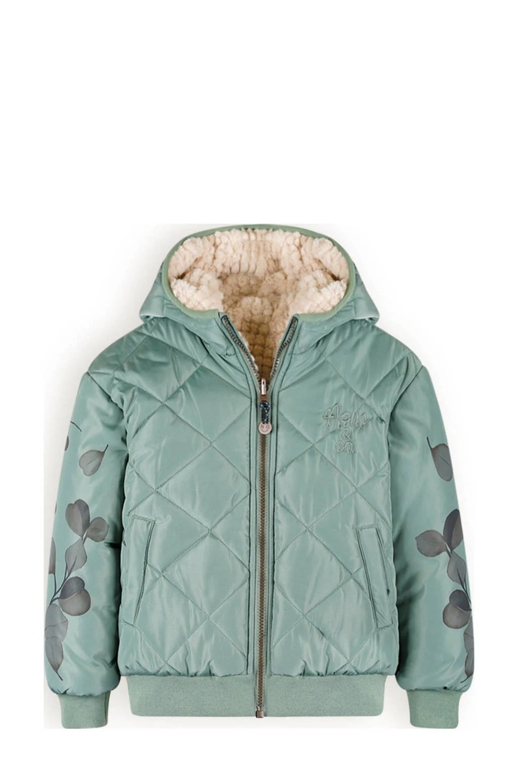 NONO reversible gewatteerde winterjas Bomby met bladprint lichtgroen/beige