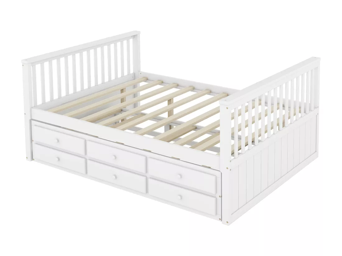 Lit en bois 140x200cm avec un lit gigogne 90x190cm - 3 tiroirs - Blanc