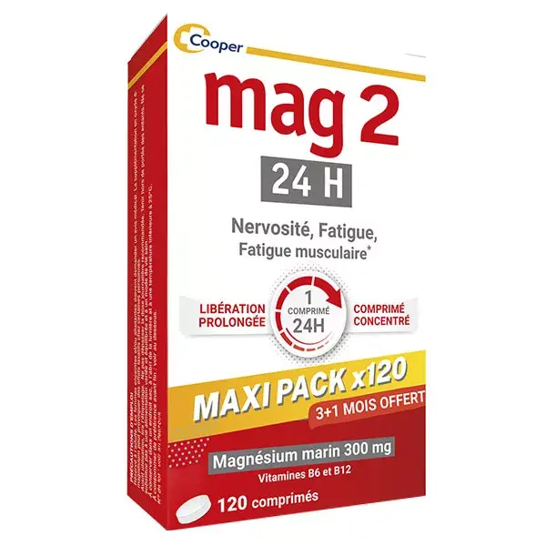 MAG 2 24H Complément alimentaire magnésium marin, vitamine B6 & B12 120 comprimés