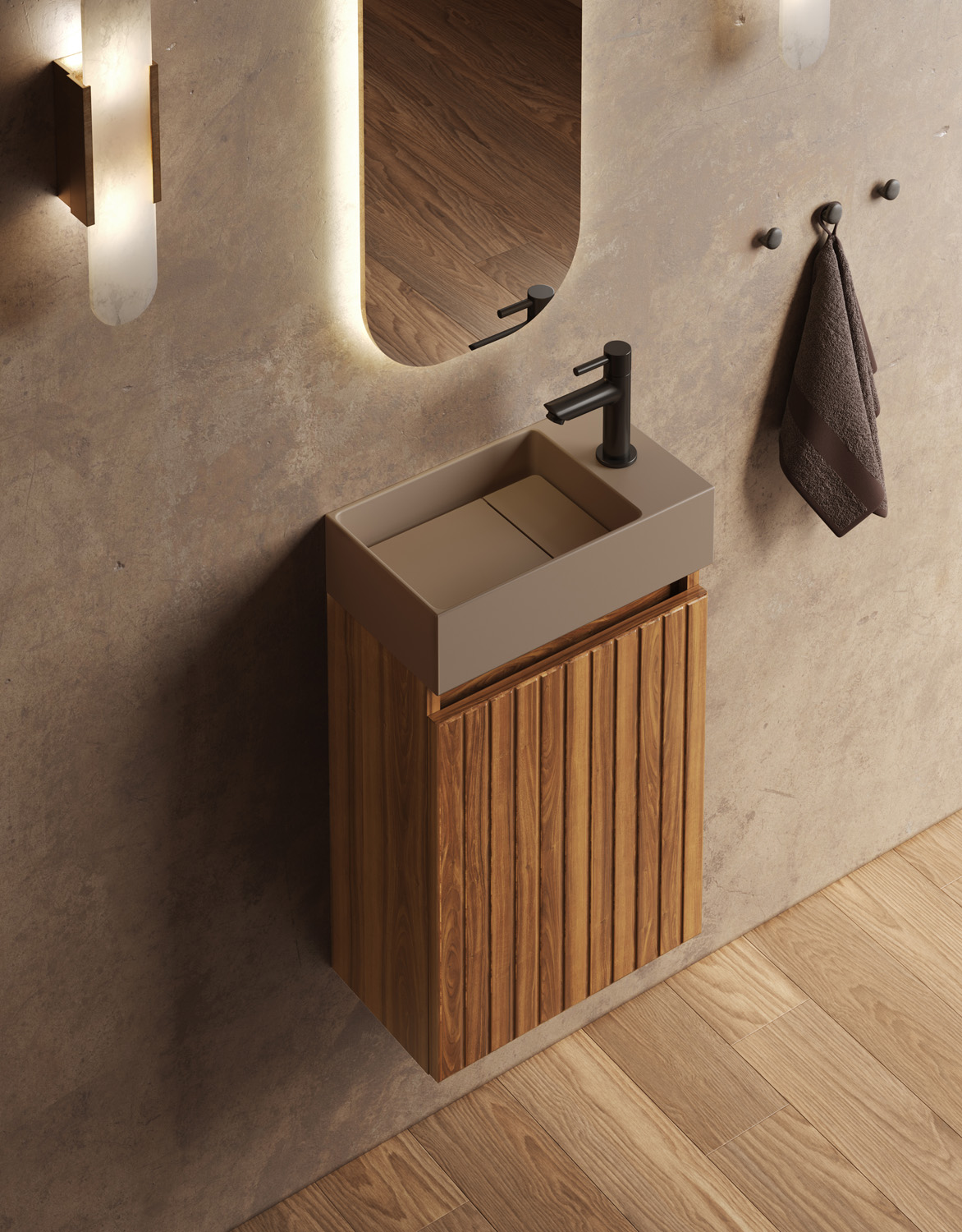 Fontana Itsie toiletmeubel walnoot ribbelfront 40cm met fontein in mat taupe