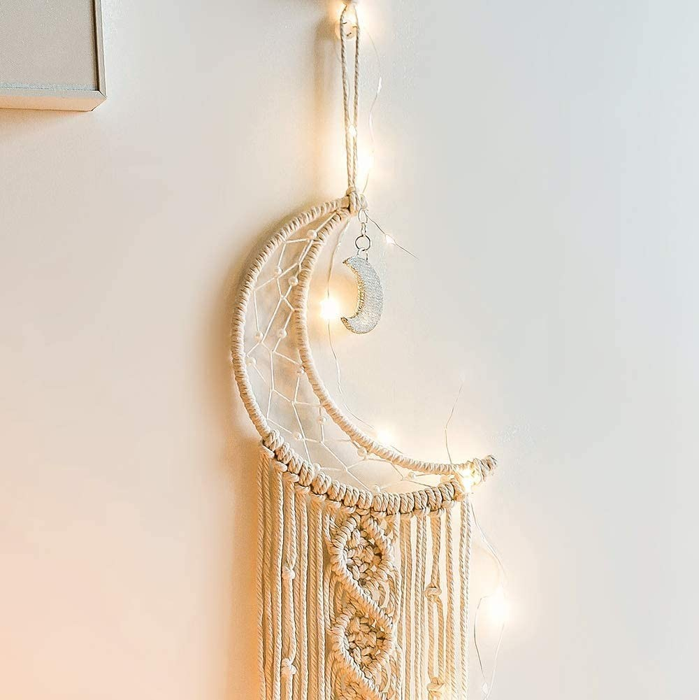(94x6cm) LED Mond Makramee Traumfänger Boho Home Wand Deko Geknüpftes Hygge Lifestyle Accessoire - Warmweiss