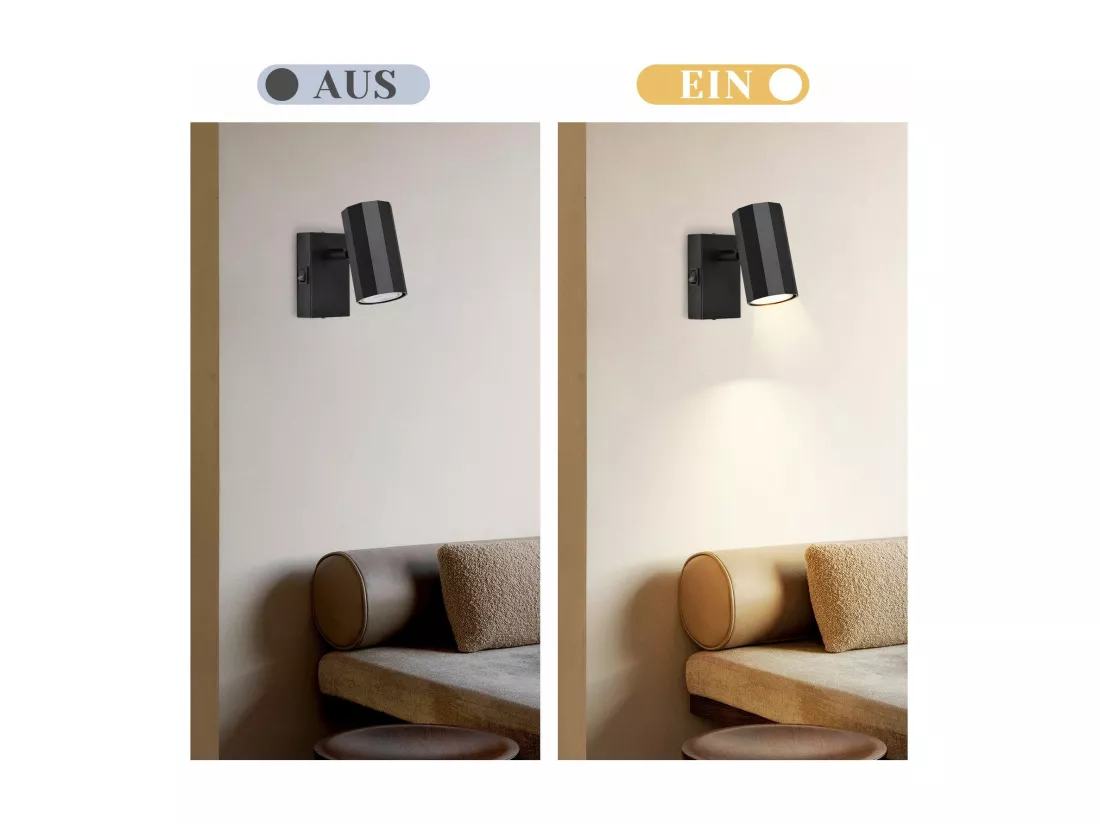 NETTLIFE Spot mural 1 flamme noir - Applique avec interrupteur métal GU10 Lampe de couloir orientable 350° MAX. 40W