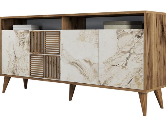 CONCEPT1 - Bahut Milan noyer marbre blanc 160 x 35 x 78cm
