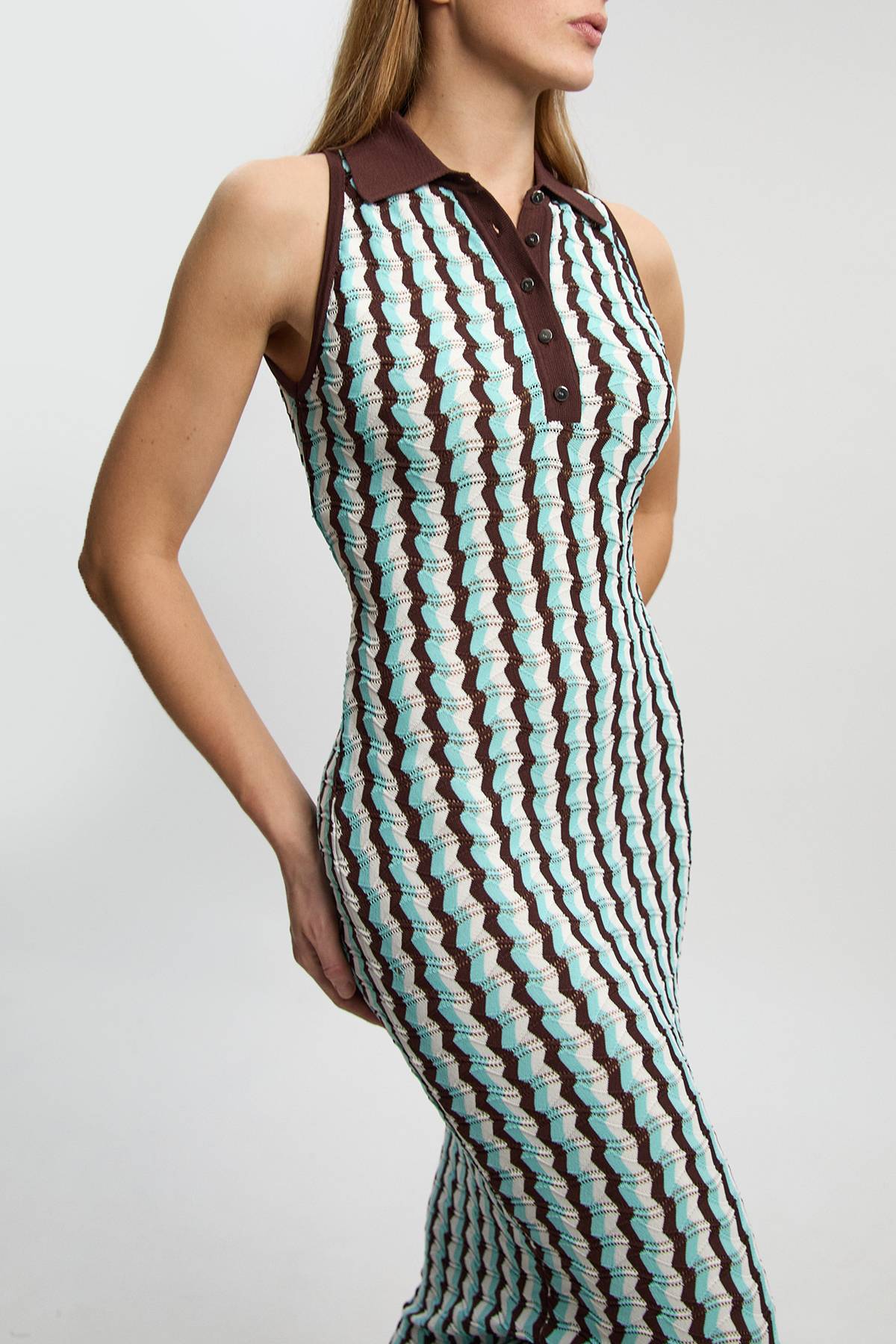 KarenMillen Robe Midi Sans Manches En Maille Pointelle À Col Contrastant Petite Taille