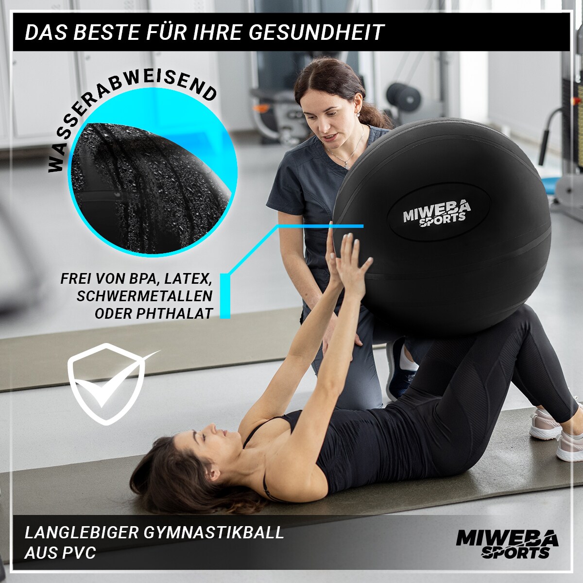 Miweba Sports Gymnastikball GB100, 65cm, Anti-Burst, bis 400 kg, rutschfester Sitzball, PVC, Pumpe (Schwarz)