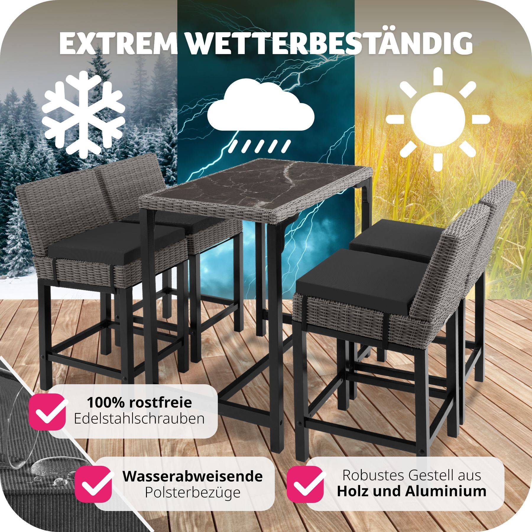 Rattan Tisch Kutina mit 4 Stühlen Latina