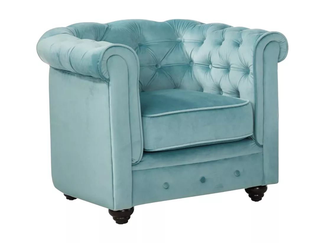 Canapé 3 places et 2 fauteuils CHESTERFIELD - Velours bleu pastel
